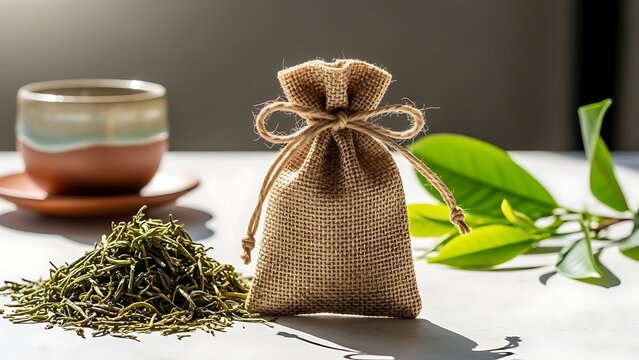 Loose leaf green tea and a burlap bag with a teacup in the background