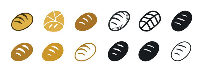 Assorted bread icon set with loaves and rolls in various styles