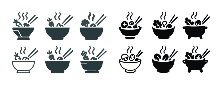 Icon set of noodle bowls with chopsticks and steam elements