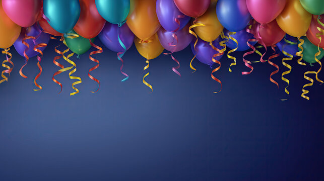 Colorful balloons and ribbons on dark blue background designed as festive birthday celebration banner template with copy space for text, vibrant and joyful party decoration concept.