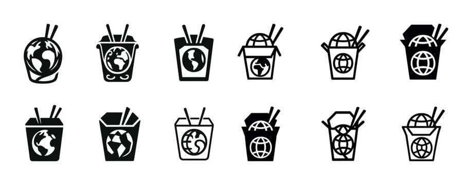 Set of global noodle icons with earth and chopsticks motif