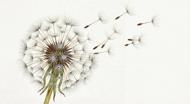 Dandelion clock with seeds beginning to disperse, delicate and airy, botanical watercolor illustration on textured paper with copy space