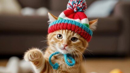 A delightful and fluffy orange tabby kitten gazes directly at the camera with wide, expressive eyes, adorably sporting a vibrant, multicolored knitted beanie hat with a playful pom-pom and a matching - Powered by Adobe