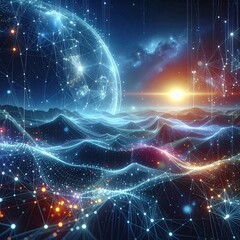 Futuristic planet landscape with glowing network