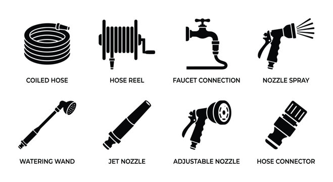 Gardening hose equipment with coiled hose, reel, faucet connection, nozzle spray, watering wand.