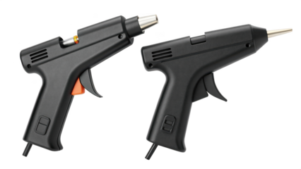 Two black hot glue guns with power cord isolated on transparent background