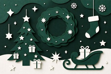 Dark Green Paper-Cut Christmas Forest Banner with Stars and Candy Pole