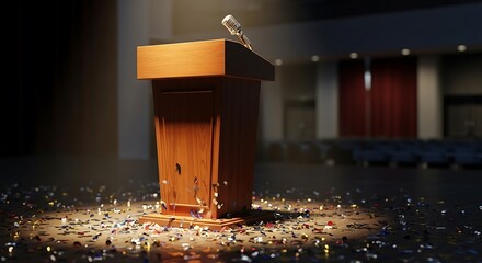 A solitary wooden podium stands illuminated on a stage surrounded by a blurred audience in a dimly lit auditorium
