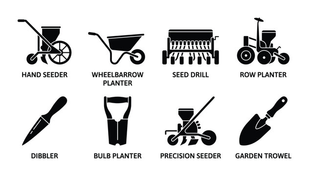 Gardening tools for planting black solid icons set. Hand seeder dibbler seed drill wheelbarrow.