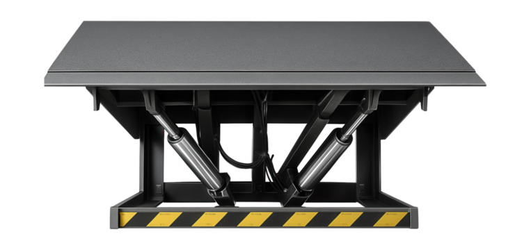 Hydraulic loading dock featuring a retractable lip and slip-resistant surface.