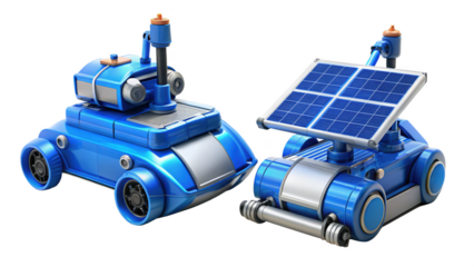 Two blue futuristic robot rover vehicle toys isolated on transparent background