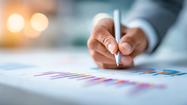 A professional hand analyzing graphs and data with a pen, showcasing business insights and financial planning.