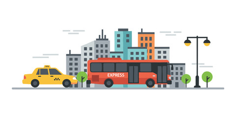 City public transport system with urban buildings and streetlamp