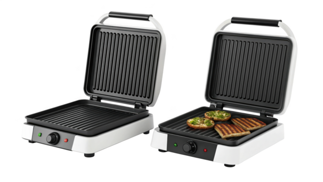 Two electric contact grill appliance for cooking food isolated on transparent background