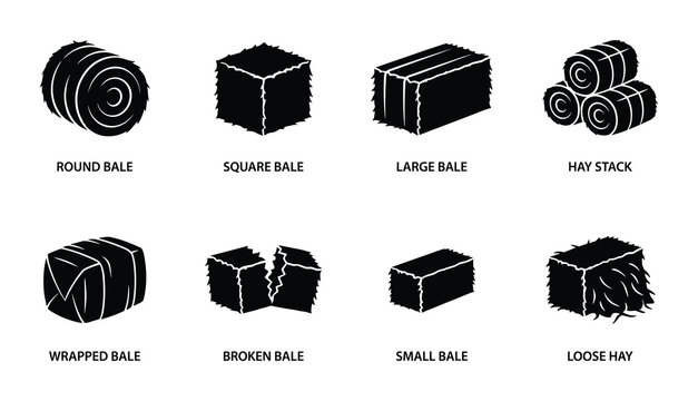 Hay bales and stacks icon set. Agriculture farm field harvest season, various hay forms.