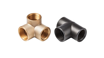 Two plumbing tee fittings, brass and black finish, isolated on transparent background
