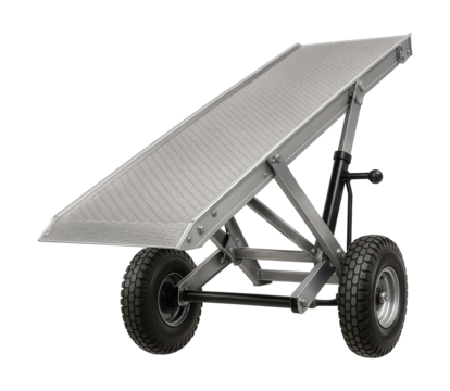 Mobile loading ramp with air-filled wheels and manual height control.
