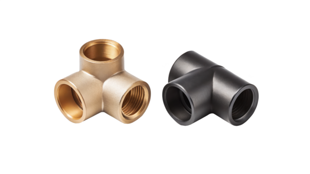 Two plumbing tee fittings, brass and black finish, isolated on transparent background