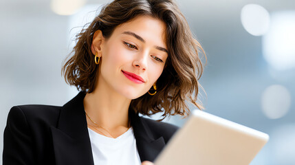 A professional woman engaging with a tablet, showcasing modern technology in a bright and stylish workspace.