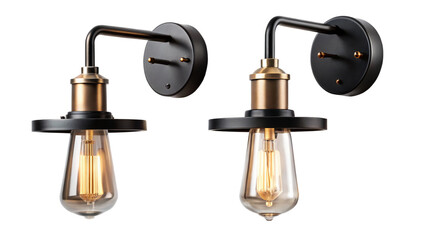 Two vintage industrial wall sconce light fixtures with edison bulb isolated on transparent background