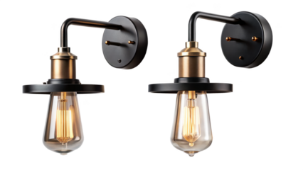Two vintage industrial wall sconce light fixtures with edison bulb isolated on transparent background