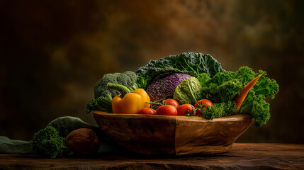 potato. Fresh autumn vegetables arranged in a wooden bowl, showcasing vibrant colors with an earthy backdrop. representing seasonal cycles and harvest abundance.