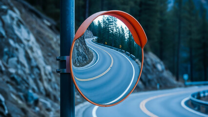 Traffic mirror on winding road — symbol of control and anticipation