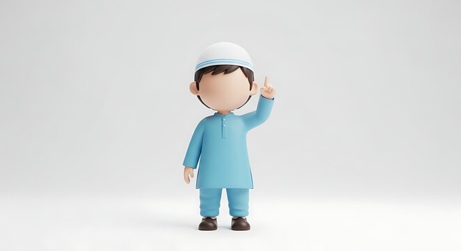 3D rendering of a young boy wearing a traditional Muslim cap and blue clothing, pointing his index finger upwards against a plain white background.