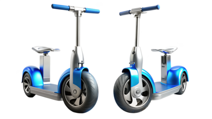 Two blue electric scooters with seats isolated on transparent background