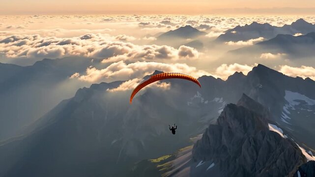 Paragliding over mountain peaks and stunning cloudscape at sunset creating breathtaking scenery