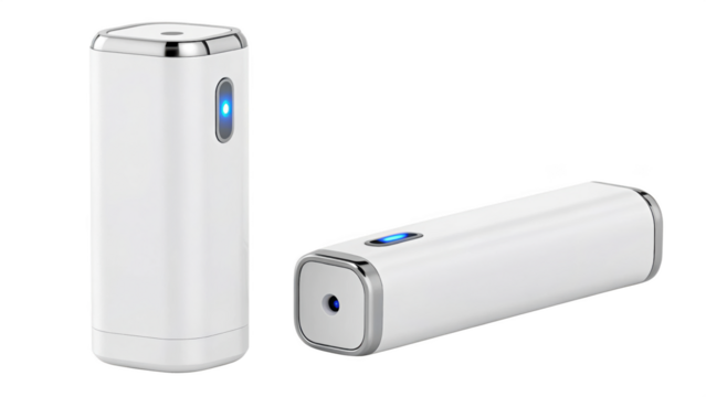 Two white portable electronic device with blue light isolated on transparent background