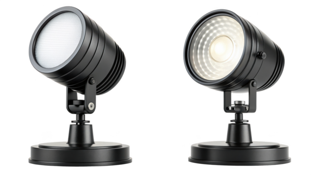 Two black outdoor led spotlight fixtures shown against white isolated on transparent background