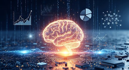 Artificial Intelligence Brain with Data Analysis and Technology Background.