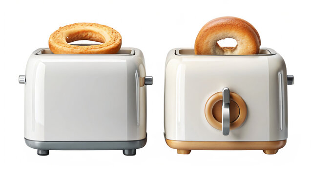 Two retro toaster with bagel half in each, isolated on transparent background - Powered by Adobe
