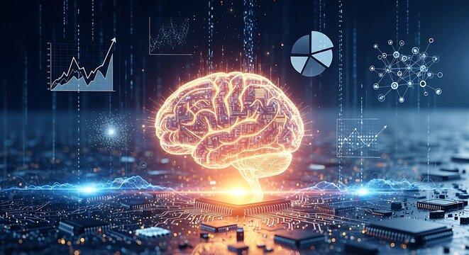 Artificial Intelligence Brain with Data Analysis and Technology Background.