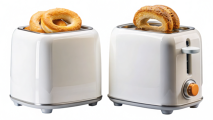 Two white toasters with toasted bagel halves isolated on transparent background