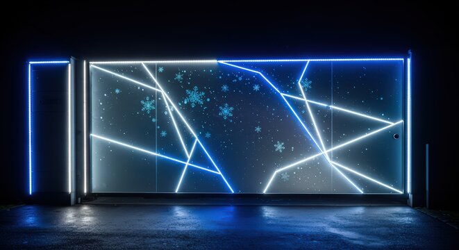 Illuminated wall with snowflakes and geometric neon lights against a dark background scene design