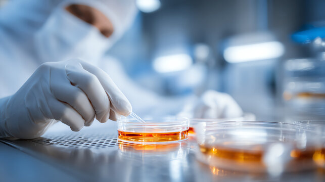 A scientist performs an experiment with petri dishes in a laboratory setting, showcasing precision and innovation in research.