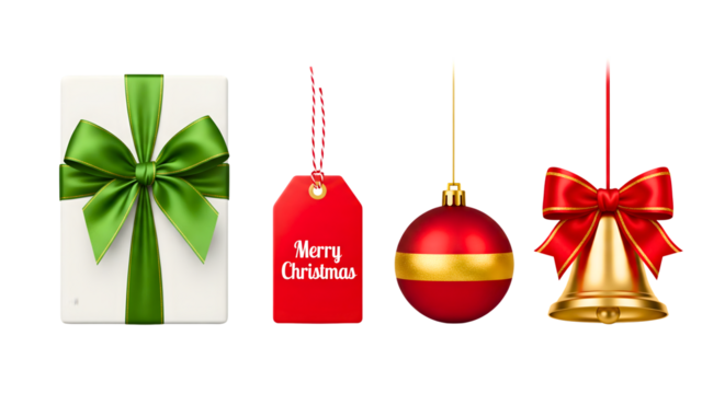 Christmas gift box and ornaments on black background