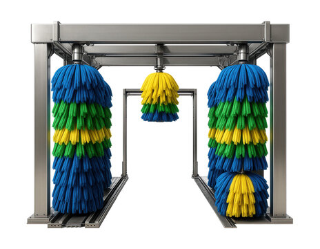 Conveyor tunnel car wash featuring vibrant soap applicators.