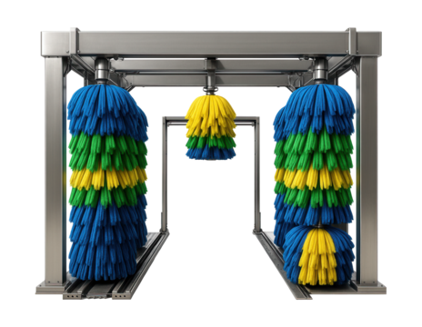 Conveyor tunnel car wash featuring vibrant soap applicators.