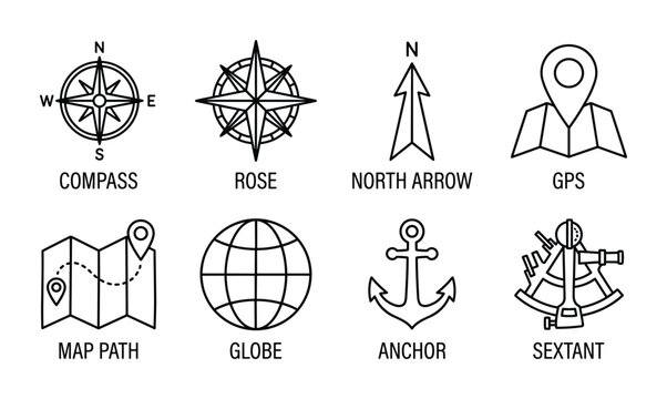 Navigation compass map and anchor line icons set. Rose north arrow gps globe sextant path.