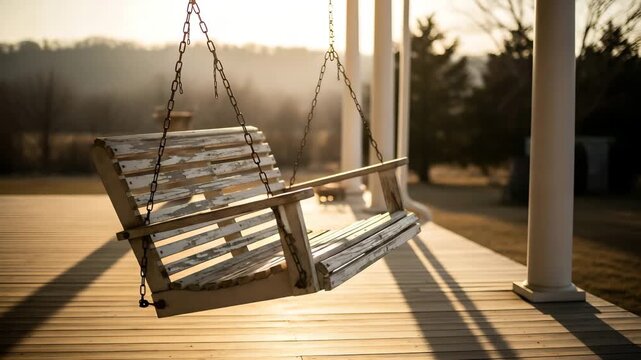 A rustic wooden porch swing moving gently during a warm golden hour