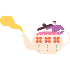 Man Pouring Yellow Steam From A Cream Colored Teapot Decorated With Pink And Red Flowers And Green Dots White Background