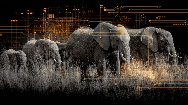 Wonders of nature: elephant herds through african landscapes. Intelligent design. Majestic procession: elephant herds in tarangire's sun-drenched terrain. Ai evolution. Ai technology.