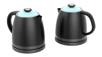 Two black electric kettles with light blue lids isolated on transparent background