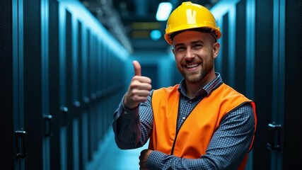 Smiling male engineer in orange safety vest and yellow hard hat showing thumbs up, standing in a modern server room. Technology and IT infrastructure concept. - Powered by Adobe