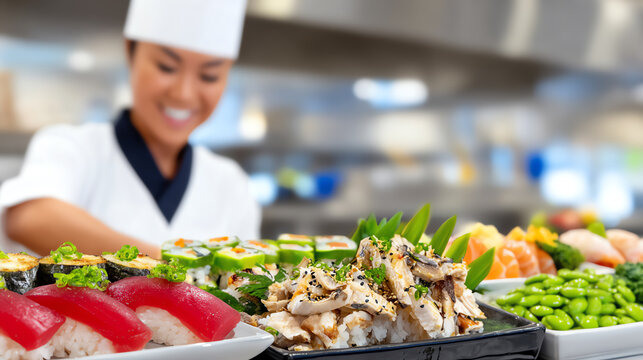 A skilled chef prepares a colorful array of sushi and fresh vegetables in a professional kitchen, showcasing culinary artistry.