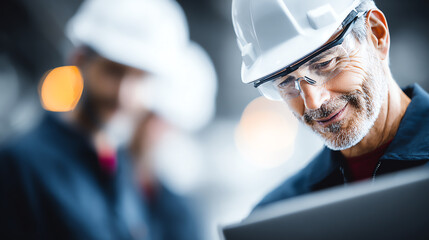A skilled worker in a hard hat reviews plans, showcasing expertise and dedication in a dynamic industrial environment.