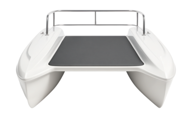 Dual-hull pontoon with a central platform in a catamaran design.